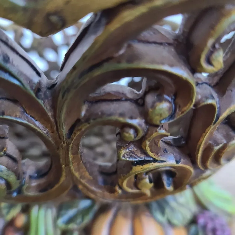 Vintage Thanksgiving Fall Ornate Reticulated Pedestal Bowl Wood-Look Resin
